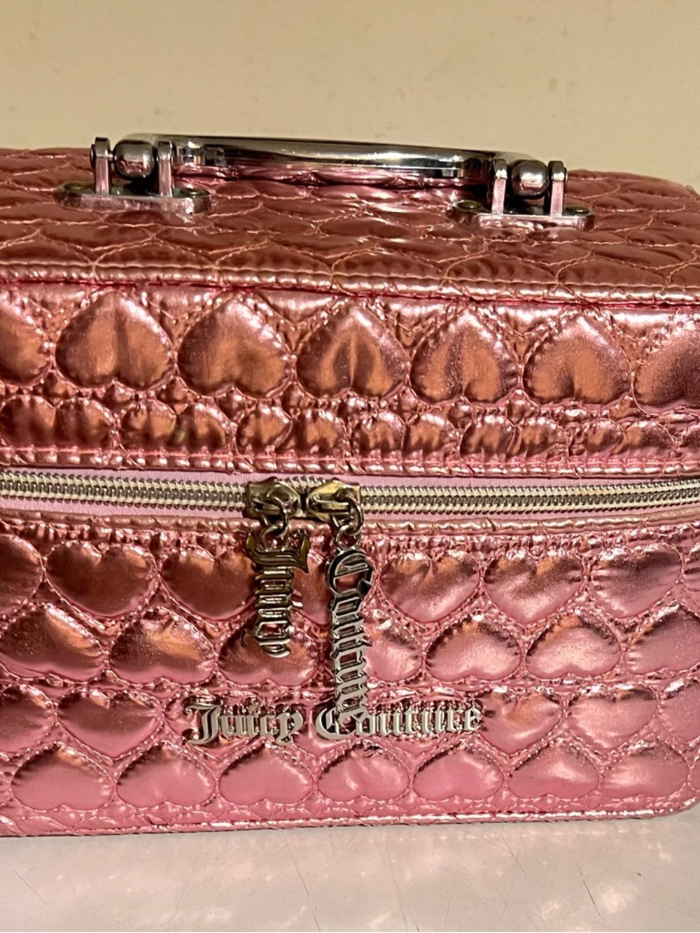 Juicy Couture Metallic Rose Pink Quilted Heart Cosmetic Case